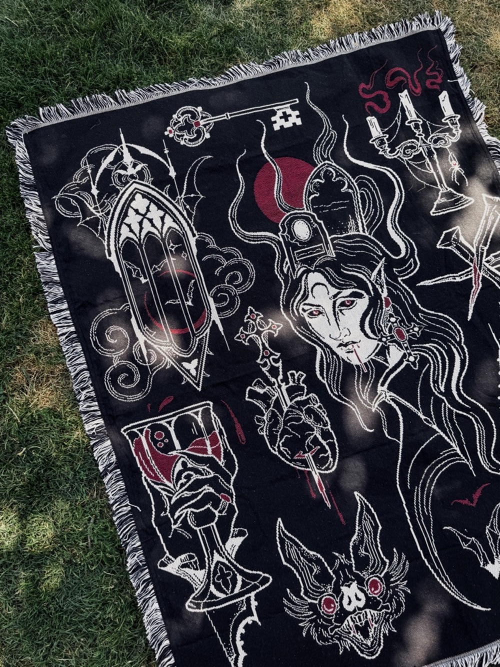 Gothic Vampire Black & Red Illustrated Throw Blanket